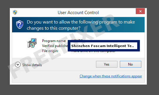 Screenshot where Shenzhen Foscam Intelligent Technology Co., Ltd. appears as the verified publisher in the UAC dialog